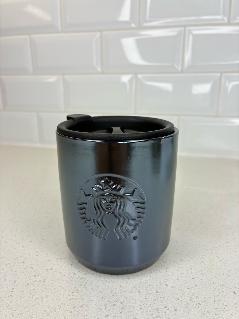 STARBUCKS Metallic Gray Ceramic Short Travel Mug Cup Tumbler W/Lid  4"  2022